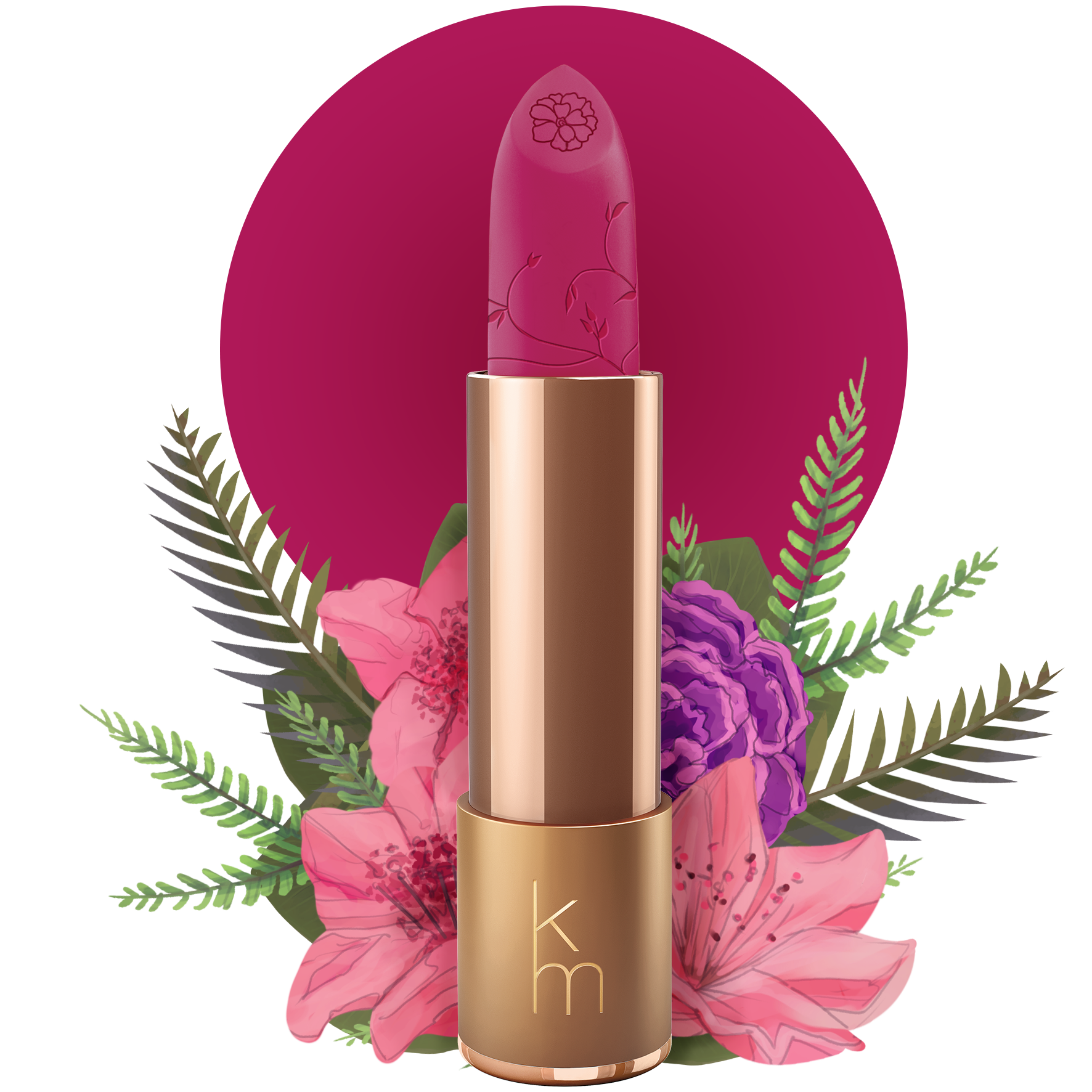 A gold-colored tube of natural lipstick with a fuchsia color bullet, adorned with a floral illustration. The brand's initials 'km' are visible on the lipstick tube.