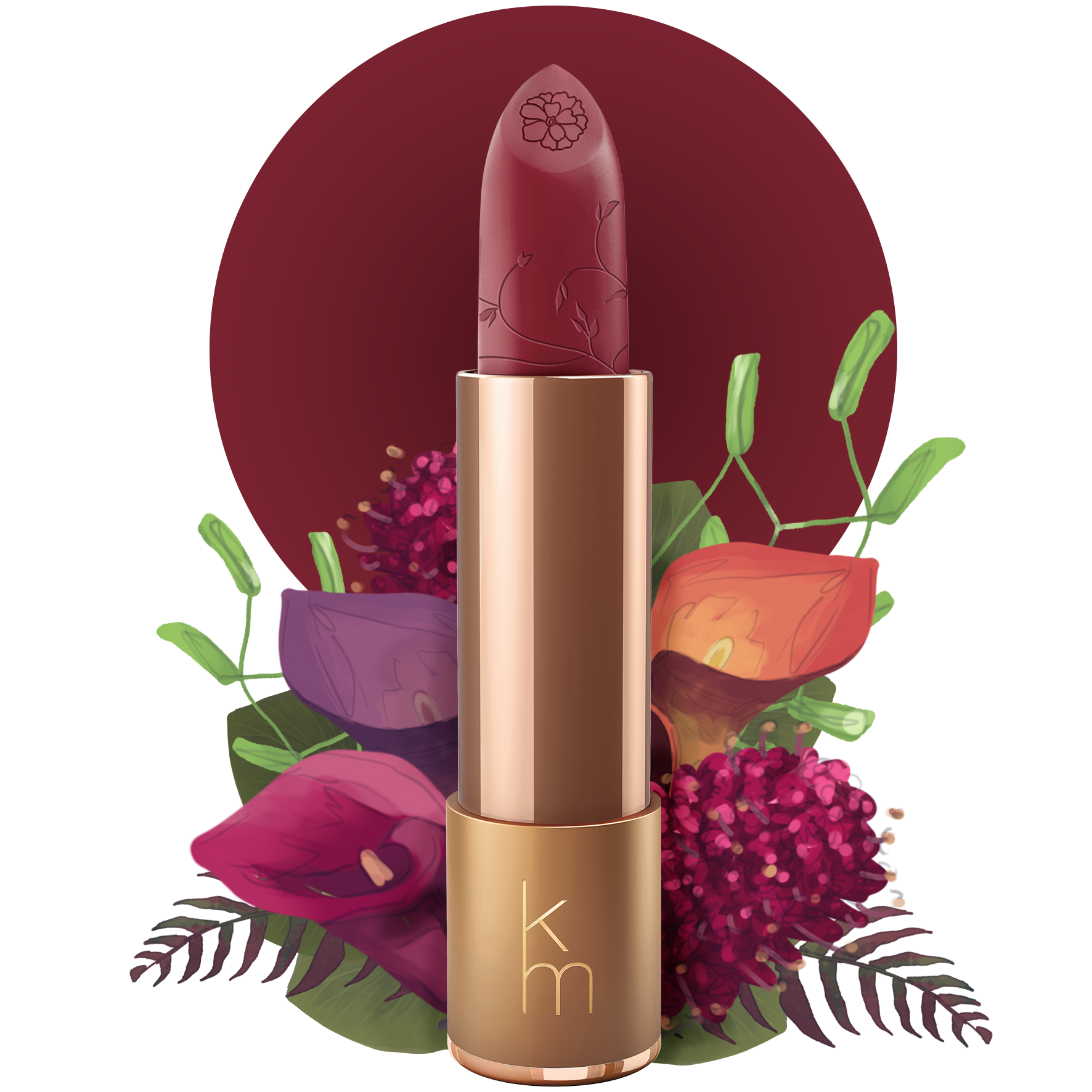 Lipstick with floral design on a white background