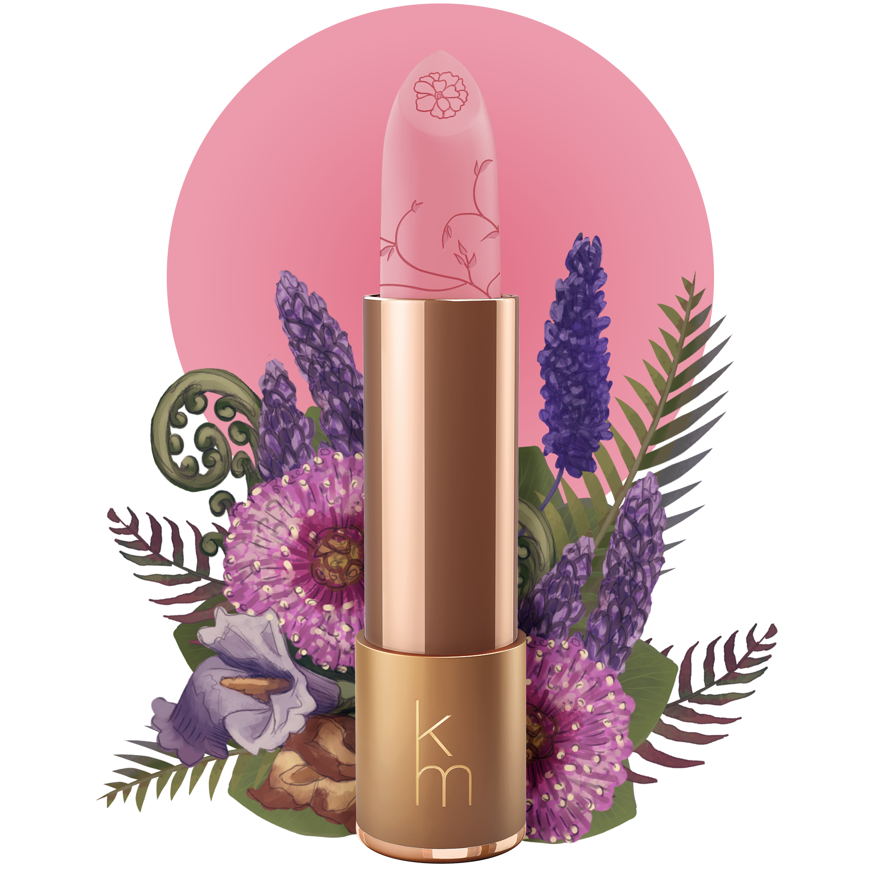 Lipstick with floral design and pink background