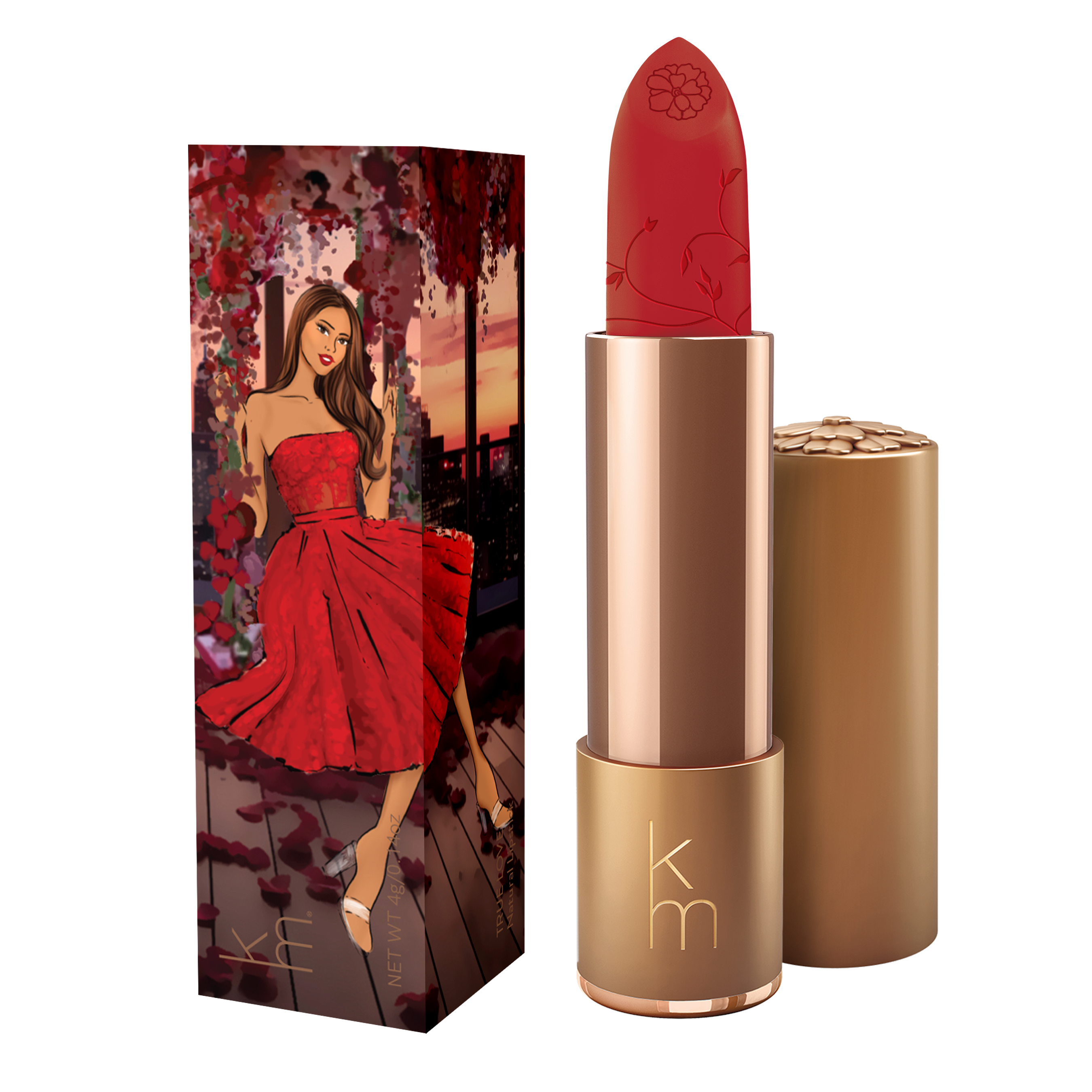 Red lipstick and box featuring a girl in a red dress surrounded in roses  