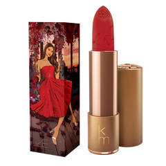 Red lipstick and box featuring a girl in a red dress surrounded in roses  