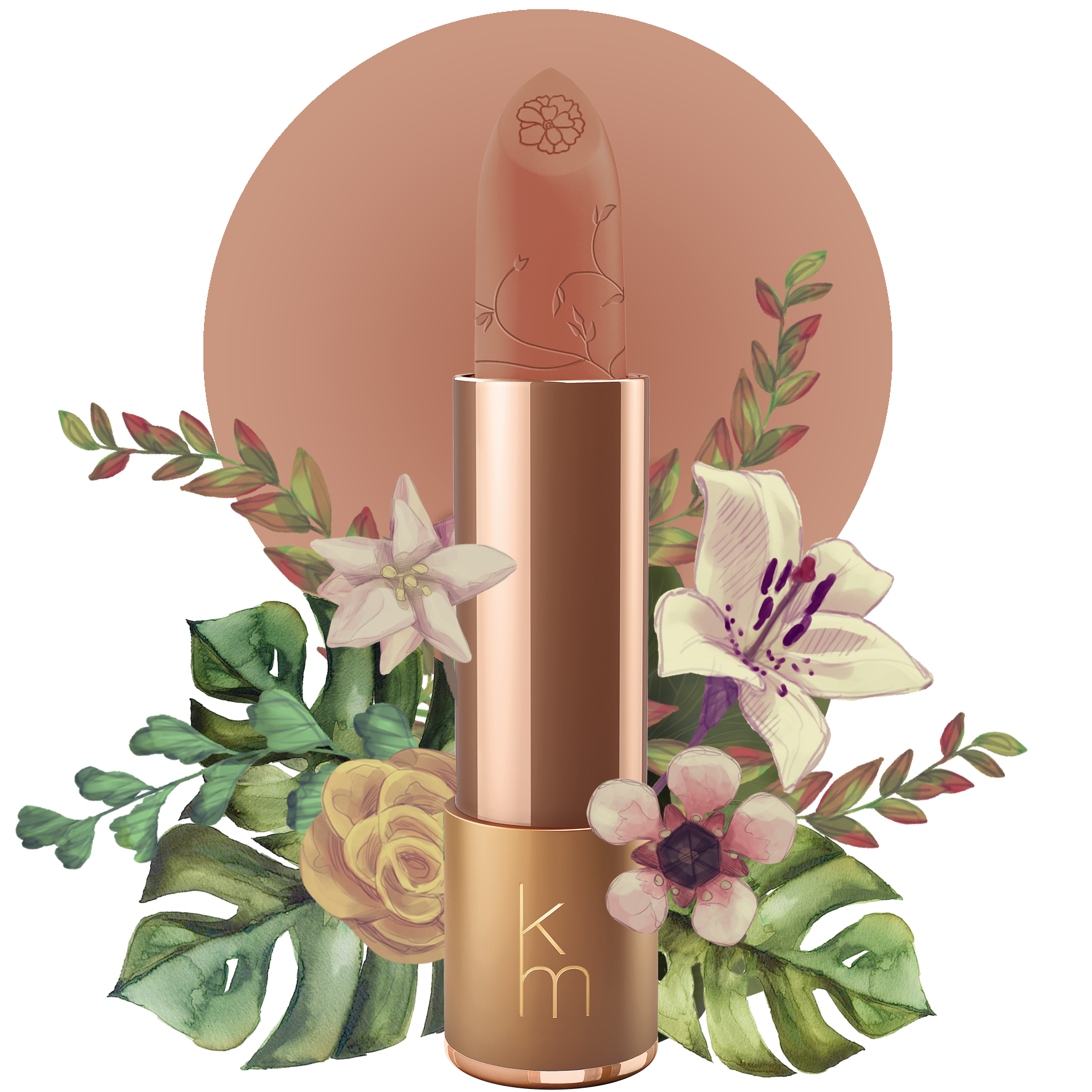 nude  lipstick with floral and leaf design on a white background