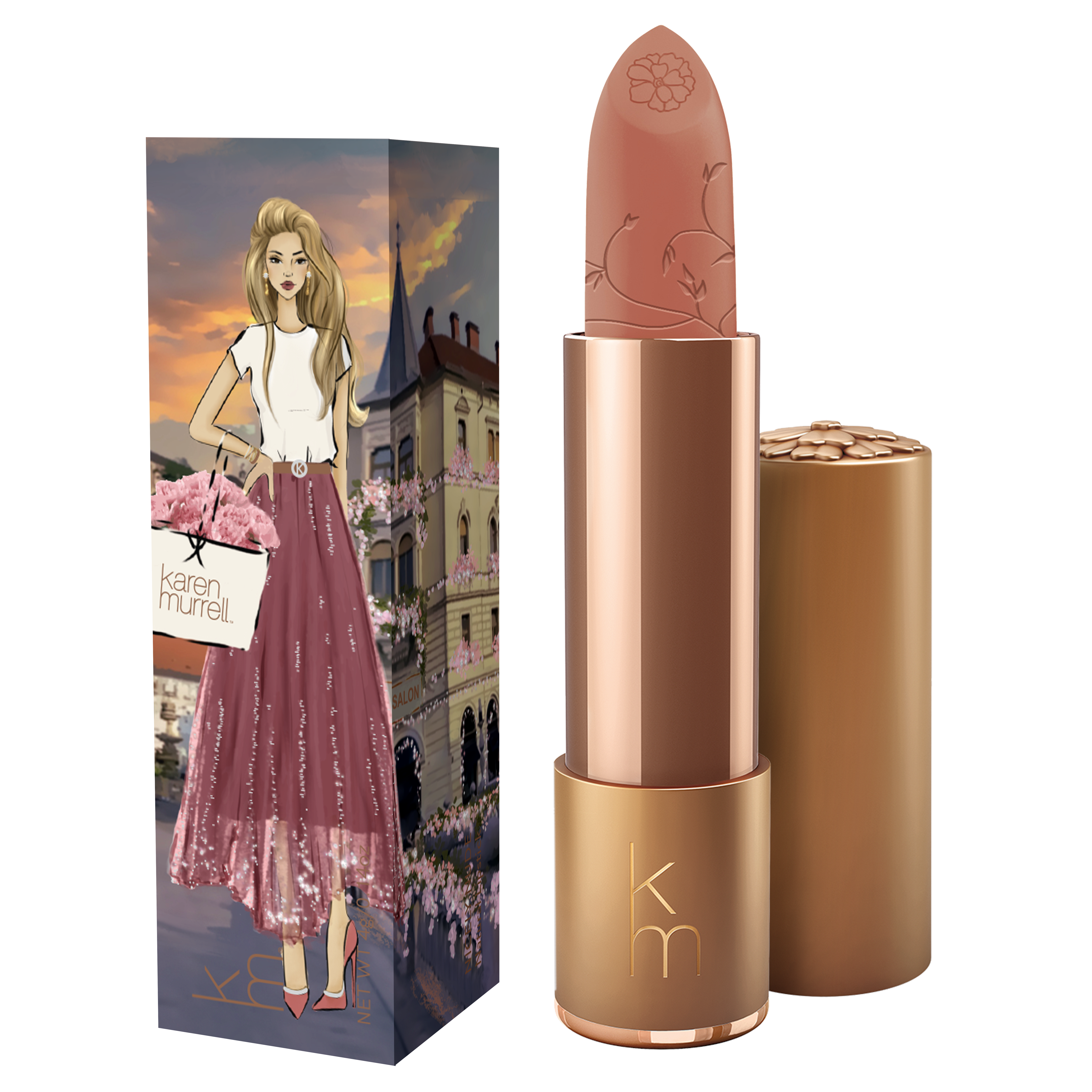Nude Lipstick with bronze case and matching packaging featuring a woman and castle design.