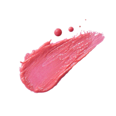 Pink lipstick swatch and dots on a white background
