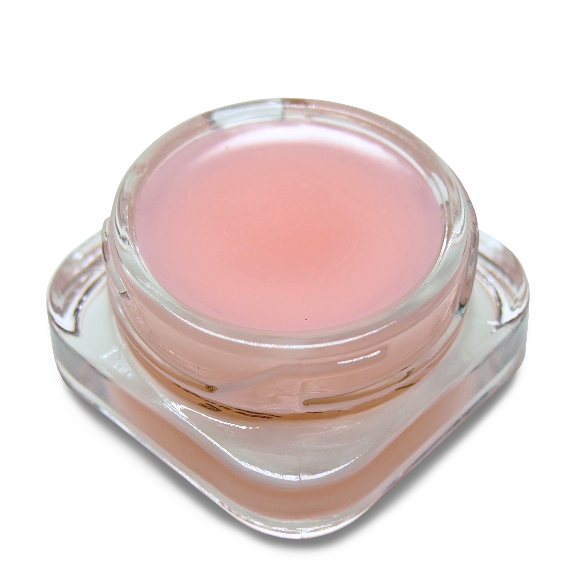 Pink lip balm in a clear container on a white background