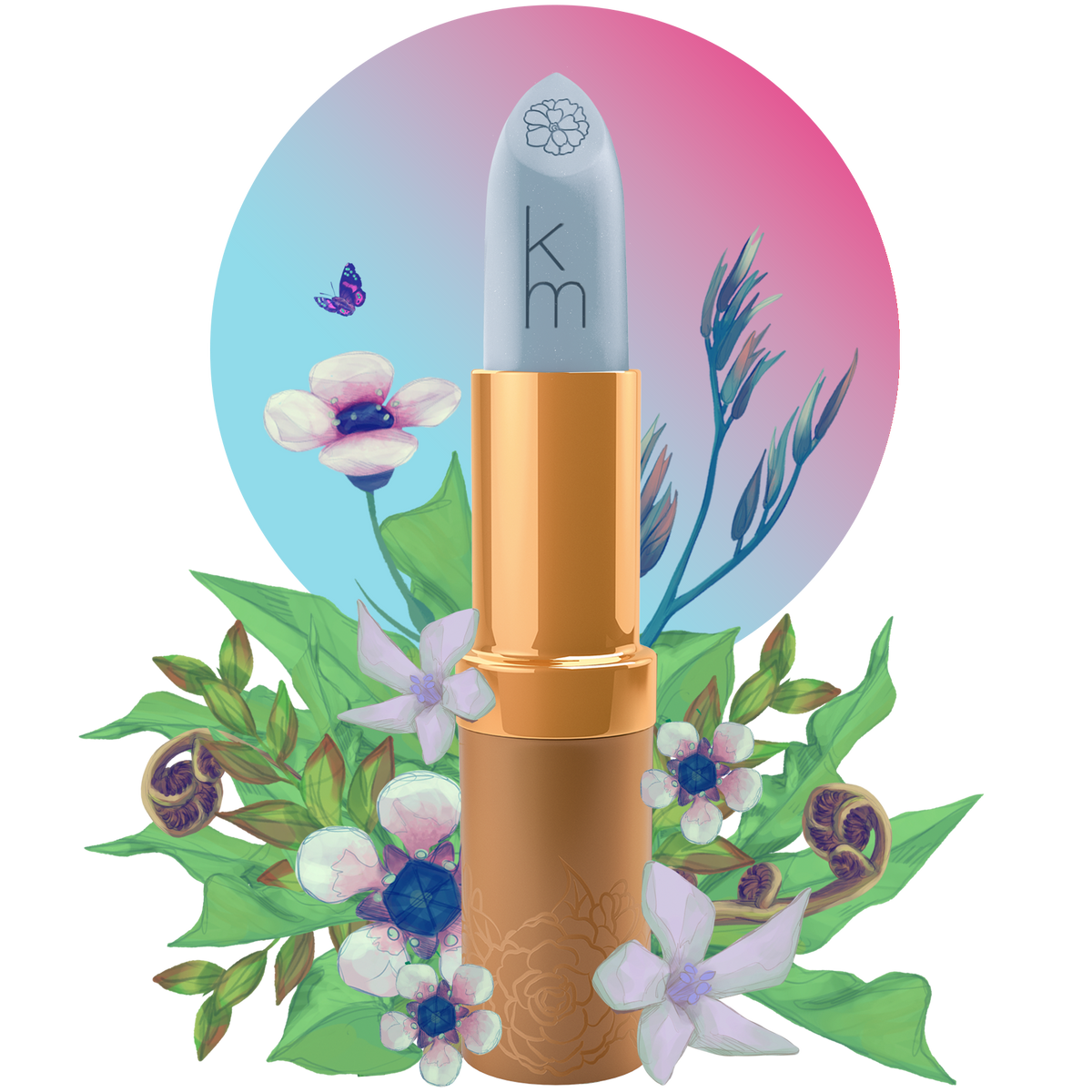 Lipstick with floral and nature-themed design on a white background