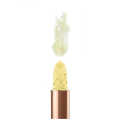 A colorless lip balm stick showing the shiny swatch