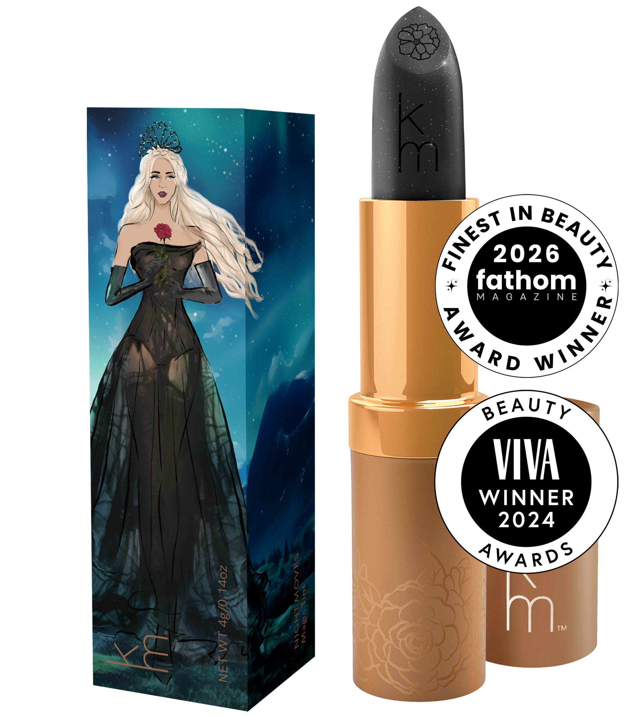 Black magic lipstick with box featuring a lady in a  black dress holding a rose 